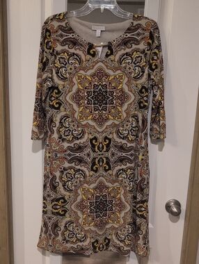 Charming Charlie Beige Paisley-Medallion Midi Dress with Yellow & Brown Accents